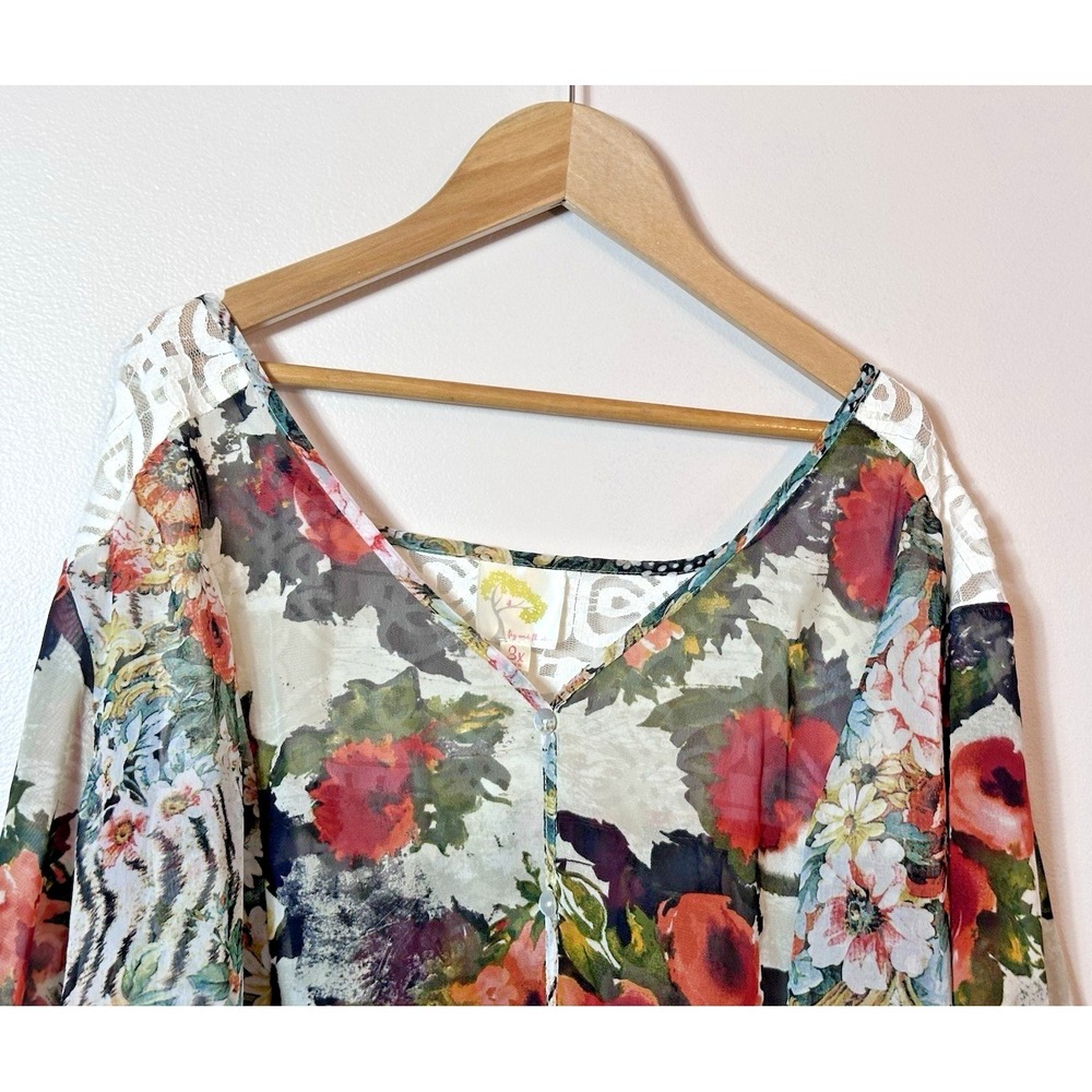 Anthropologie Fig & Flower  Blouse Plus 3X Sheer Floral Patchwork Boho Peasant - Picture 2 of 10